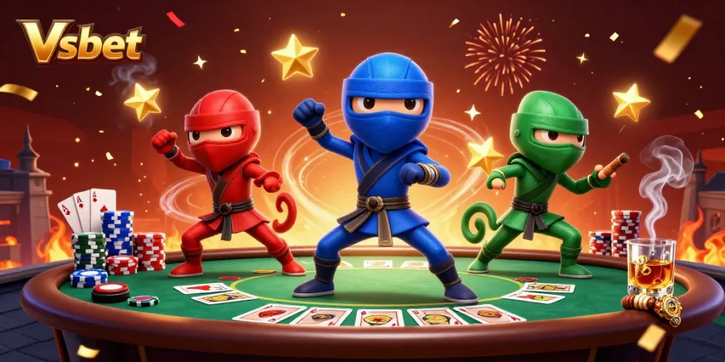 Experience thrilling poker excitement at Vsbet with 3D chameleon ninjas and colorful casino elements.
