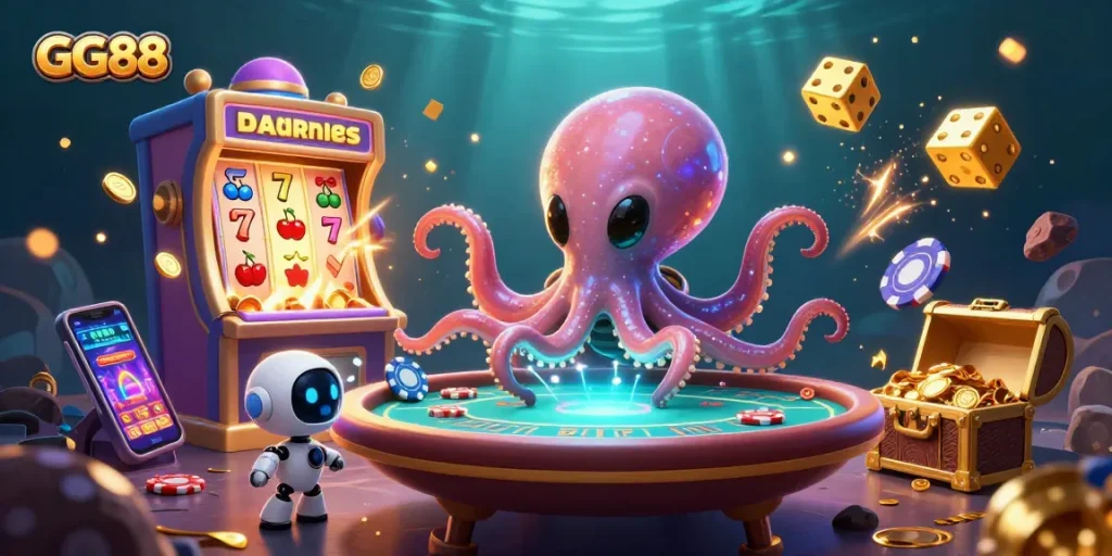 Play exciting casino games at GG88 with alien octopus and robot characters surrounded by vibrant visuals