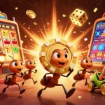 Experience the excitement of 23win with a heist of ants carrying a giant poker chip amidst rich casino elements.