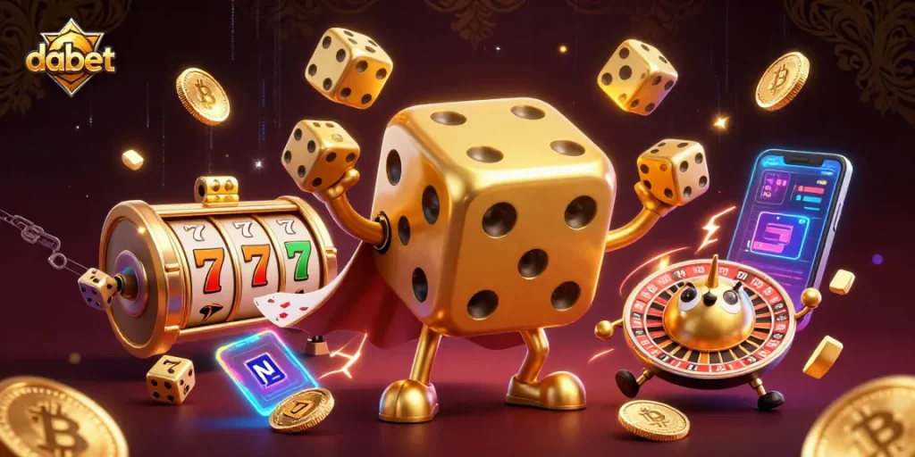 Engage in thrilling gameplay with dabet's vibrant casino scene showcasing golden dice golem and slot symbols.