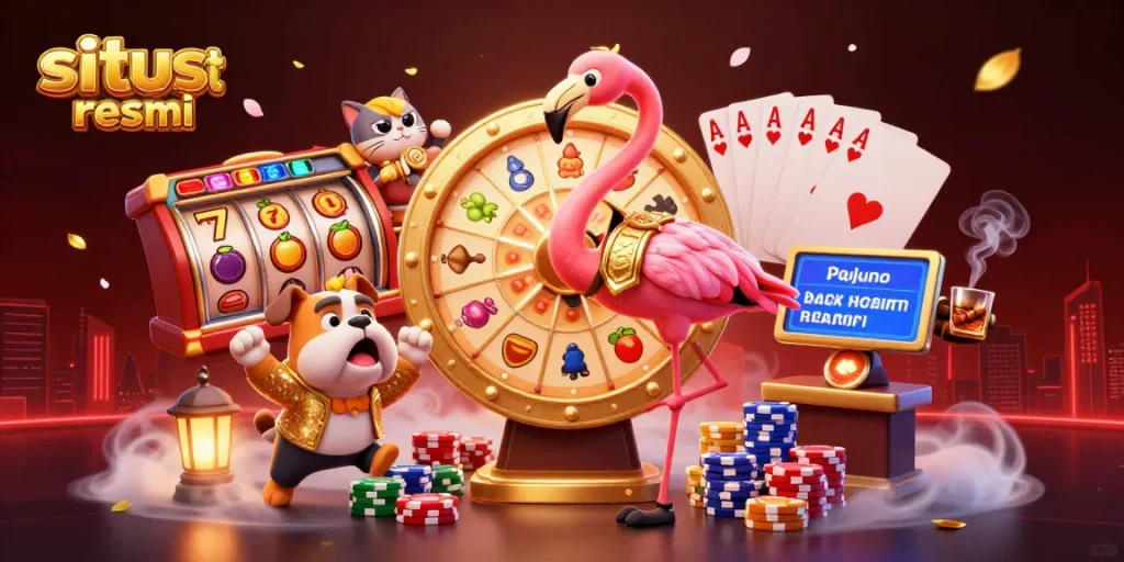 Spin the huge prize wheel at situs slot resmi with vibrant 3D characters and slot elements featured.