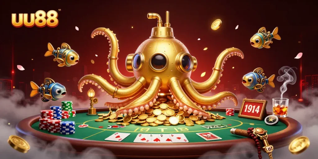 uu88's golden kraken submarine shines amidst poker elements, embodying vibrant casino action.