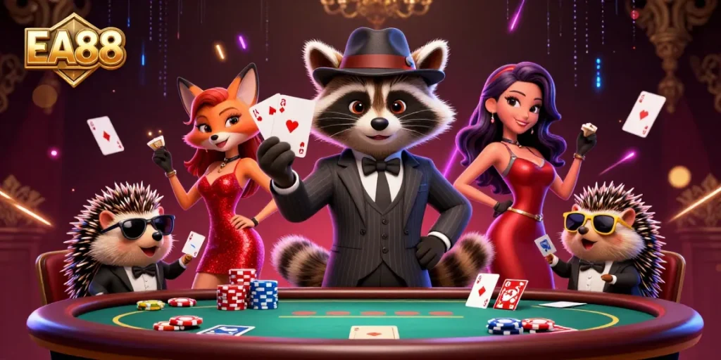 Engage in EA88 poker action with a suave raccoon, stylish fox, and a cool hedgehog in a dynamic casino scene.