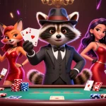 Engage in EA88 poker action with a suave raccoon, stylish fox, and a cool hedgehog in a dynamic casino scene.