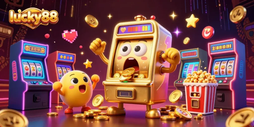 Experience the excitement of lucky88 with a golden slot machine hitting a jackpot amidst a vibrant casino scene.
