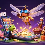 Engage with the vibrant world of tt88 as a dragonfly pilot navigates through a lily pad casino, showcasing casino gaming excitement.