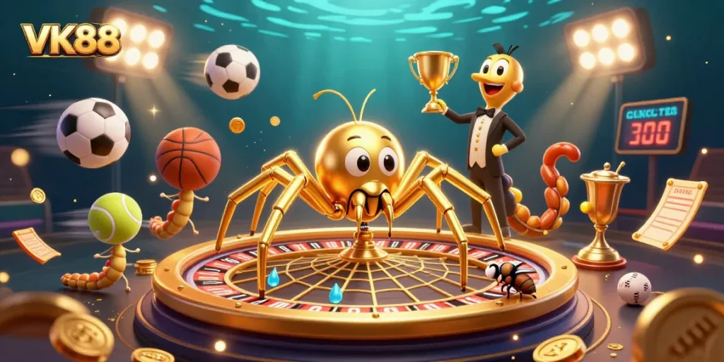 Bet with VK88 on a roulette wheel spun by a golden spider amid vibrant sports elements.