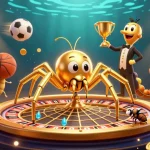 Bet with VK88 on a roulette wheel spun by a golden spider amid vibrant sports elements.