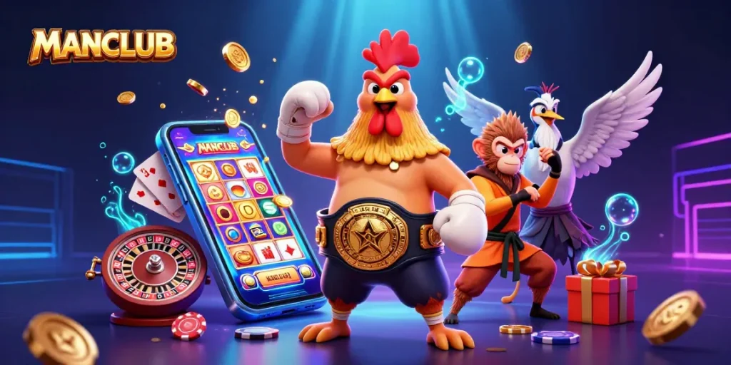 Experience thrilling wins at MANCLUB where a Muay Thai rooster, Shaolin monkey, and wise crane master engage in epic gaming battles.