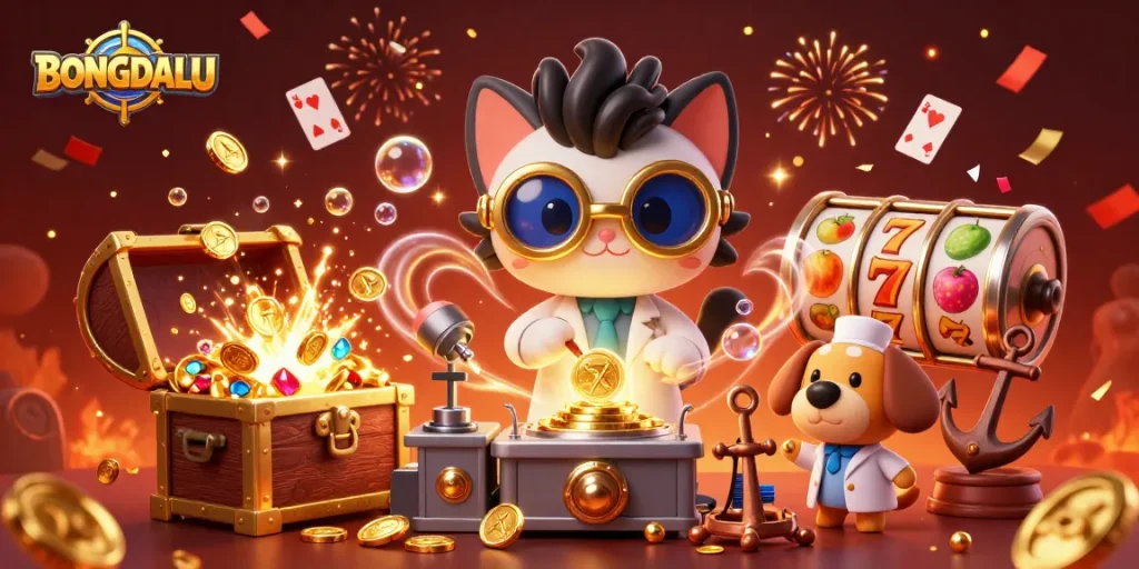 BONGDALU's mad scientist cat reveals a jackpot of gold coins in a thrilling casino adventure.