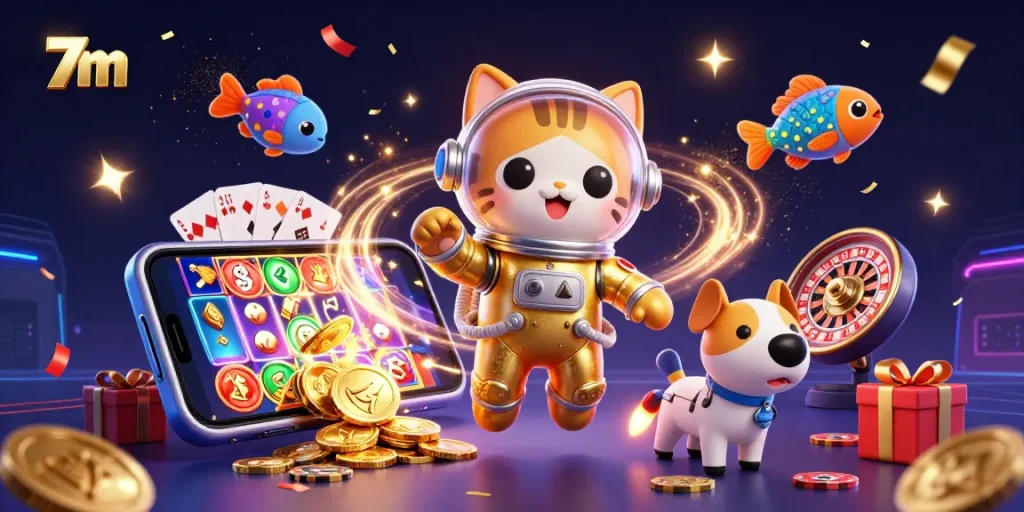 Experience thrilling action with 7m, featuring a casino-themed cat in space with vibrant gaming elements.