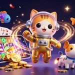 Experience thrilling action with 7m, featuring a casino-themed cat in space with vibrant gaming elements.