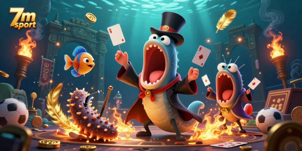 Engage with 7m sport action in this vibrant underwater gambling scene featuring colorful characters and games.