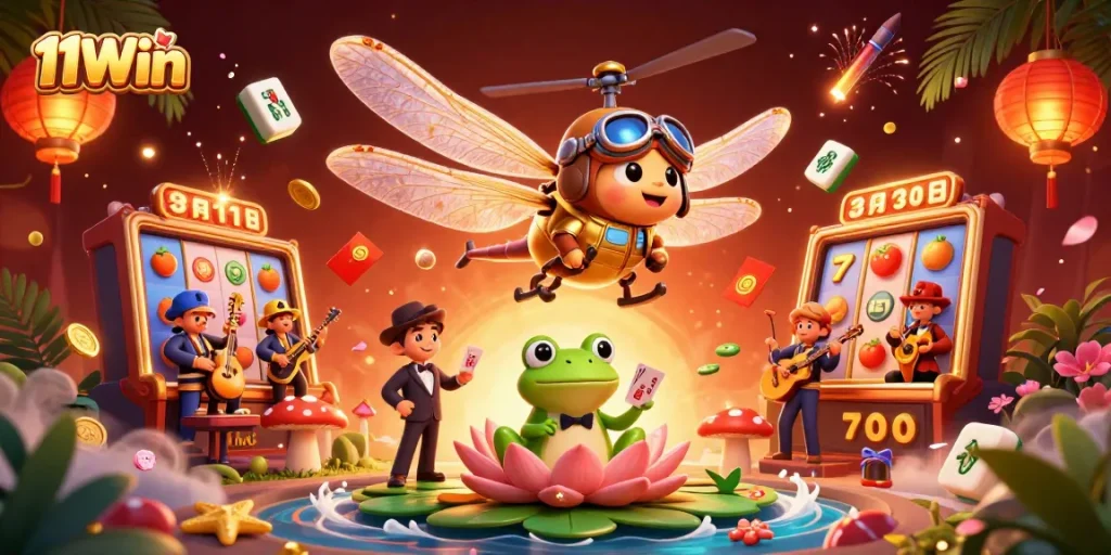 Experience thrilling action at 11Win Casino with a vibrant dragonfly pilot and frog croupier in a 3D gaming scene.