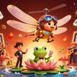 Experience thrilling action at 11Win Casino with a vibrant dragonfly pilot and frog croupier in a 3D gaming scene.
