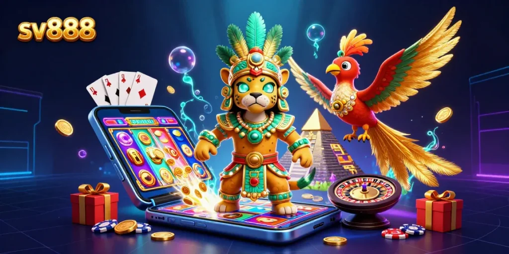 Spin reels and win big with sv888's vibrant 3D casino illustration showcasing thrilling gaming elements.