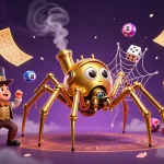 HITCLUB captivates with a dynamic scene featuring a steampunk spider and a trapped fly gentleman surrounded by vibrant gambling elements.