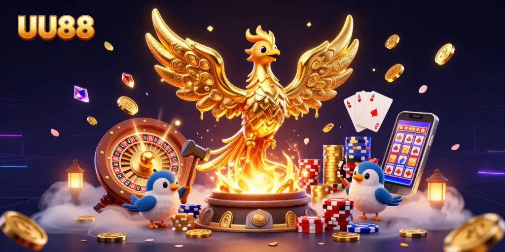 Experience the thrill of casino gaming with UU88's dynamic golden phoenix and vibrant gambling elements.
