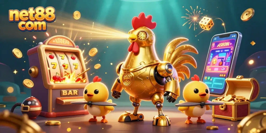 Experience excitement at net88 com with a vibrant 3D casino scene featuring slot machines and golden jackpots.