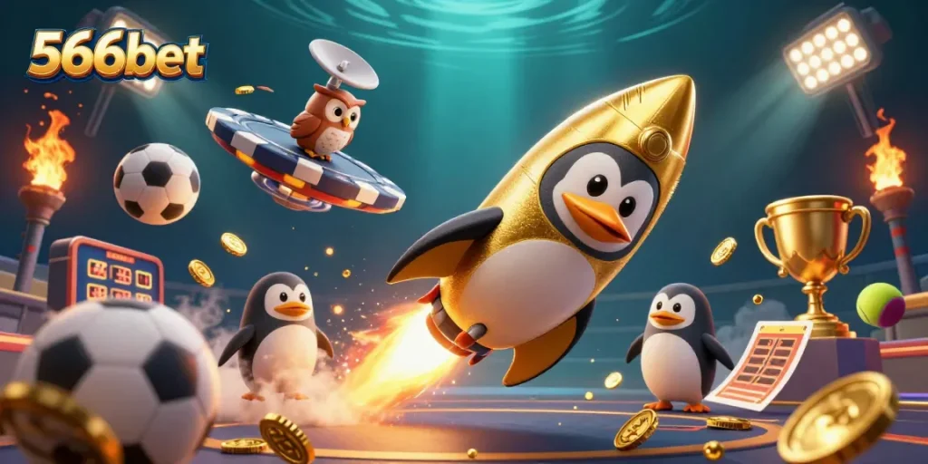 Experience thrilling adventures with 566bet featuring a cartoon penguin and dynamic sports elements.