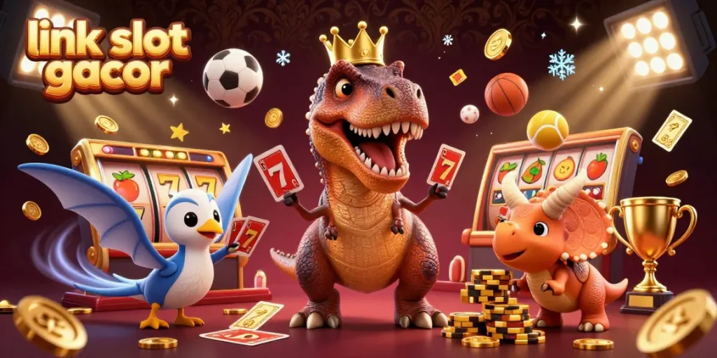 Experience the excitement of link slot gacor with a lively 3D illustration featuring dynamic characters playing slots and surrounding casino elements.