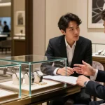 Admiring luxury replica watches in an elegant boutique setting.