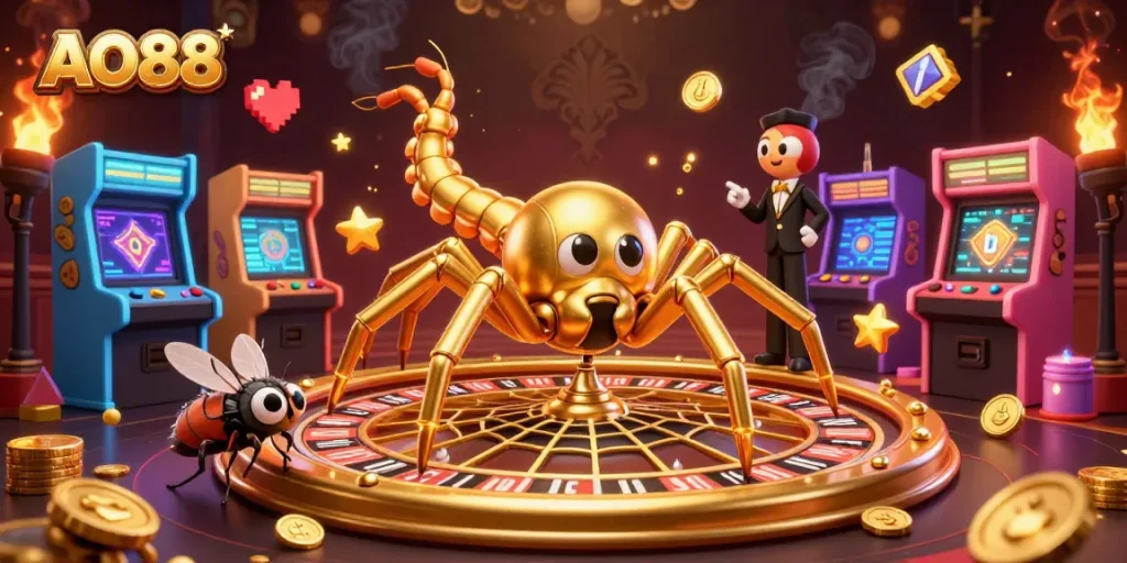 Try your luck at AO88 with a whimsical casino scene featuring a golden spider and a centipede croupier spinning bets.