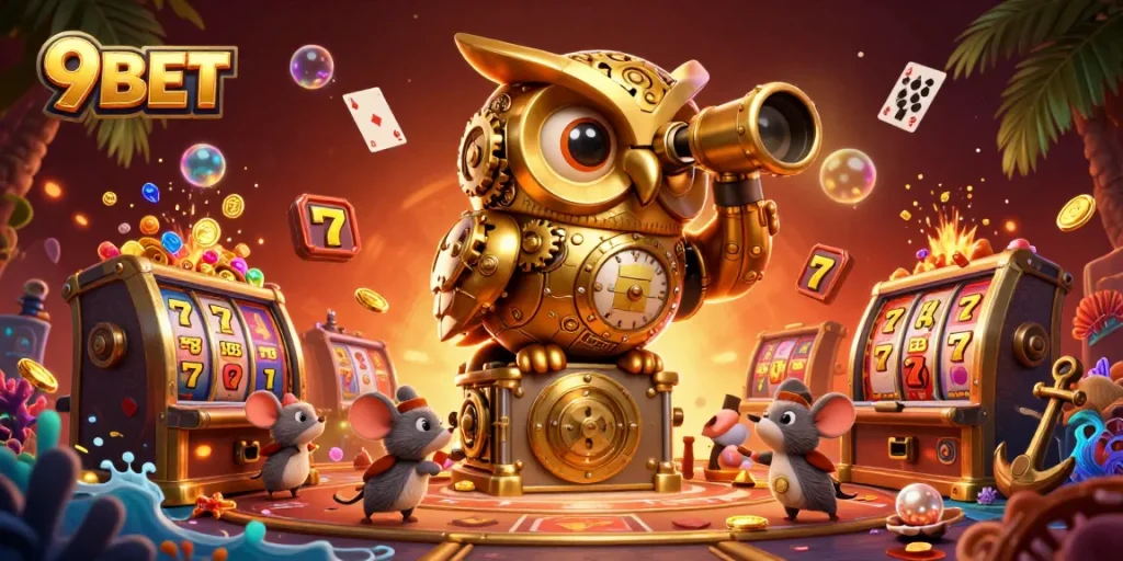Experience the thrill of winning at 9BET with an engaging 3D casino scene featuring a golden owl and vibrant slot machines