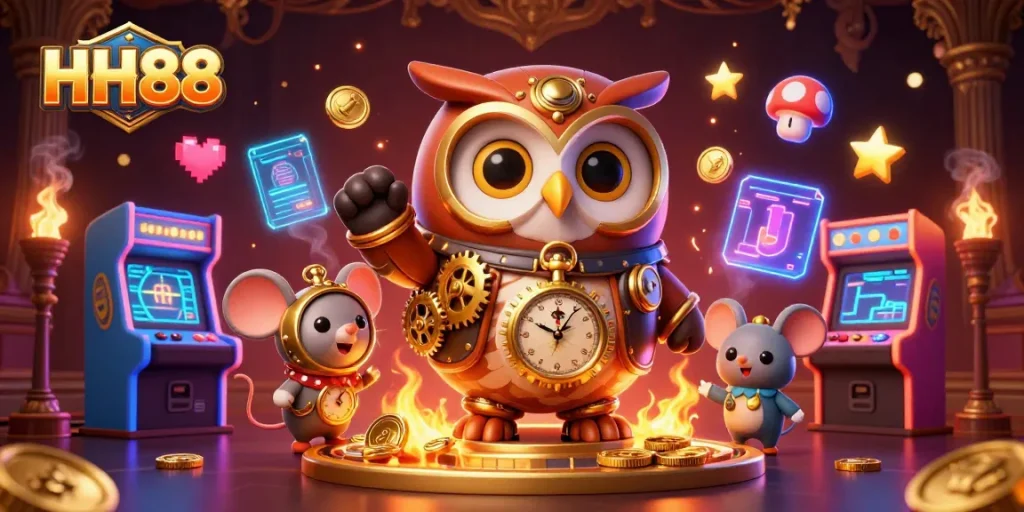 Experience thrilling gameplay at HH88 with a steampunk owl, gaming machines, and vibrant particles.
