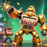 Experience thrilling action at sky88 with a golden gorilla mech and exciting casino game elements.