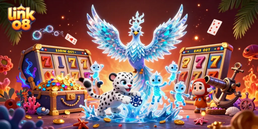 Experience the thrill of winning with link o8 in this vibrant casino scene featuring a playful snow leopard cub and glowing elements.
