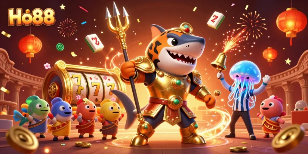 Experience epic wins at Ho88 with a vibrant 3D illustration of a tiger shark in a casino-themed colosseum.