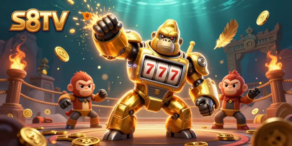 S8TV showcases a thrilling 3D illustration with a golden gorilla mech celebrating casino wins and spinning slots amidst a vibrant gambling arena.