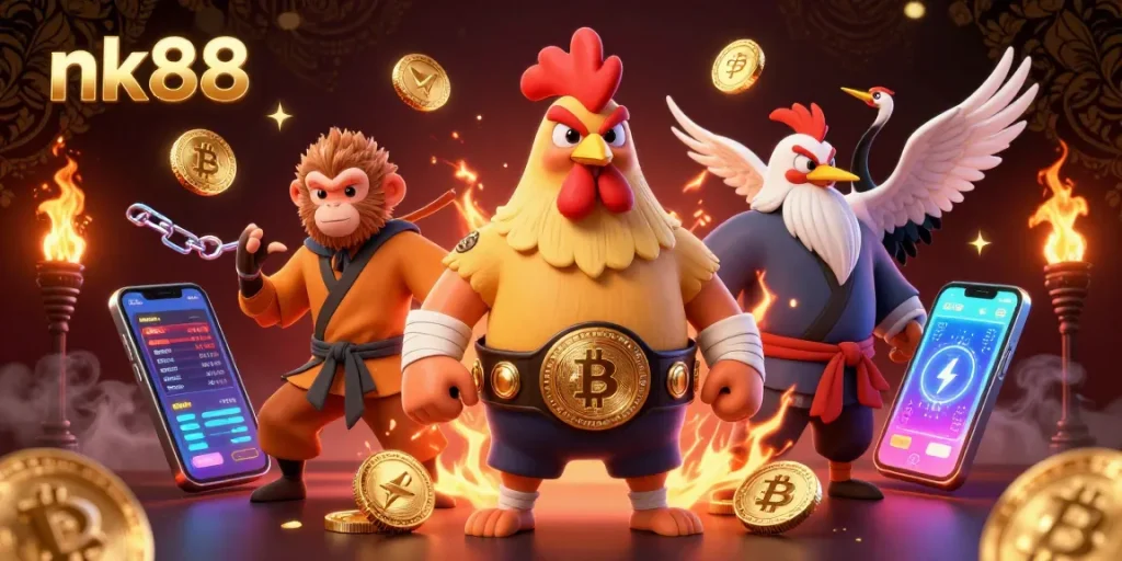 Experience exciting gaming thrills at nk88 with dynamic casino characters and vibrant crypto elements.