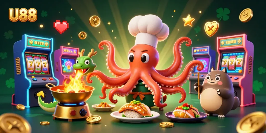 Engage in exciting gameplay at U88 featuring a vibrant casino scene with a sushi chef octopus.