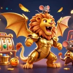 Experience thrilling game play at rikvip with a golden chimera and dynamic slot elements in a vibrant casino scene.