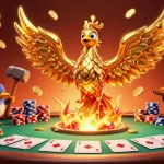 Experience the thrill of fly888 as the golden phoenix emerges, surrounded by vibrant poker elements.