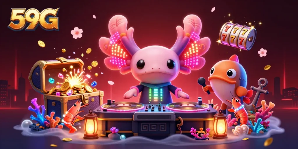 Spin to win with 59G and a vibrant casino scene featuring a DJ axolotl and slot reels.