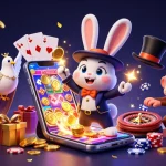 Experience the excitement of tx88 com with a playful 3D magician rabbit, dove, and monkey amidst vibrant casino elements.