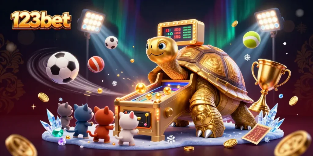 Experience thrilling gaming excitement with 123bet's 3D illustration featuring dynamic sports elements.