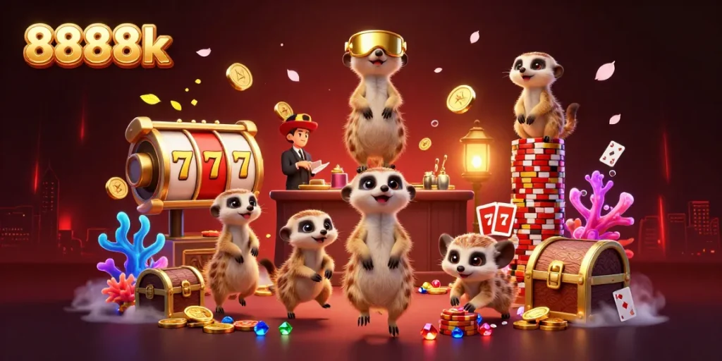 Engaging meerkat-themed casino scene highlighting 8888k's gaming operations and vibrant atmosphere.