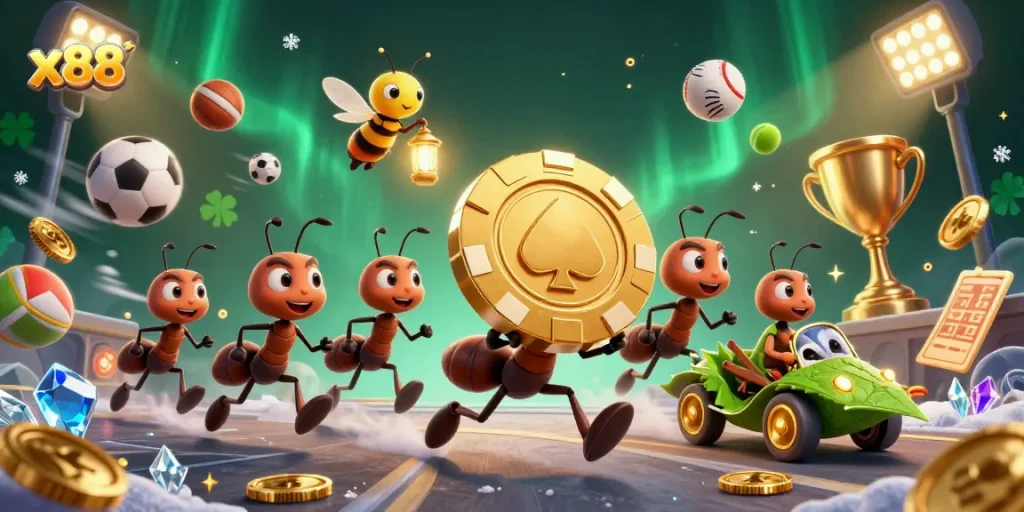x88 engages in thrilling gaming escapades with ants on a heist and vibrant casino elements.