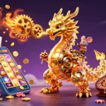 Experience Jun88's thrilling casino atmosphere with a dragon, slot games, and vivid gaming elements.
