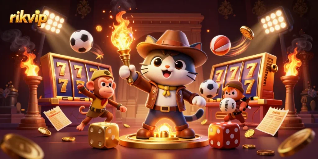 Engage in thrilling games at rikvip with a dynamic scene featuring an explorer cat and sports elements.