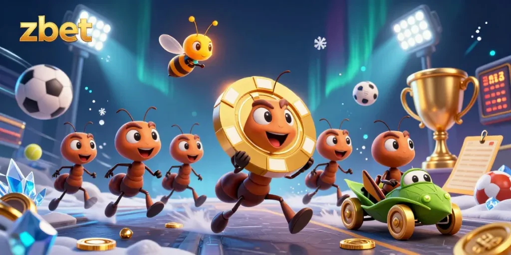 Engage in thrilling games with zbet: Dynamic scene of ants, sports elements, and casino excitement.