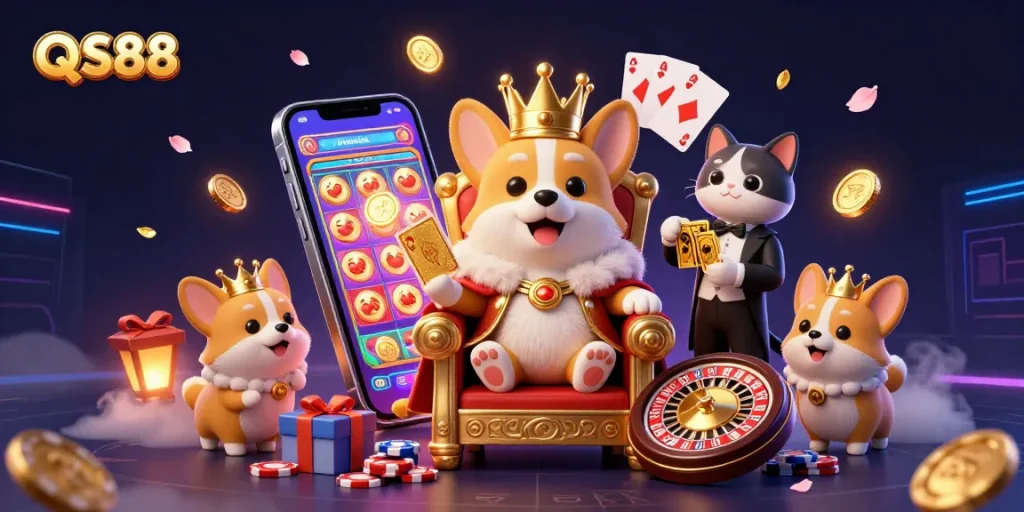 Experience fun with QS88 at a vibrant casino scene showcasing corgis and a smartphone with slot games.