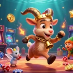 lu88 casino scene featuring a festive Krampus goat and mischievous elves playing in a vibrant arcade.