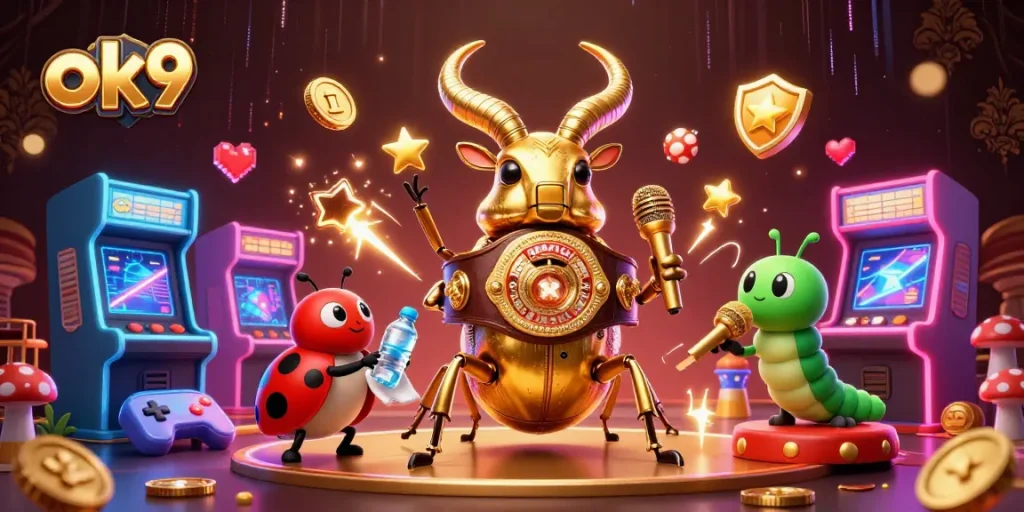 Engage with ok9 by betting in a vibrant casino scene featuring a champion beetle.