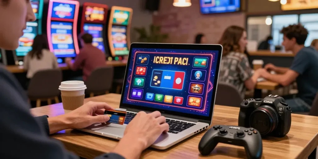 Player using a credit card at a lively café while enjoying online gaming at a credit card casino.