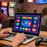 Player using a credit card at a lively café while enjoying online gaming at a credit card casino.